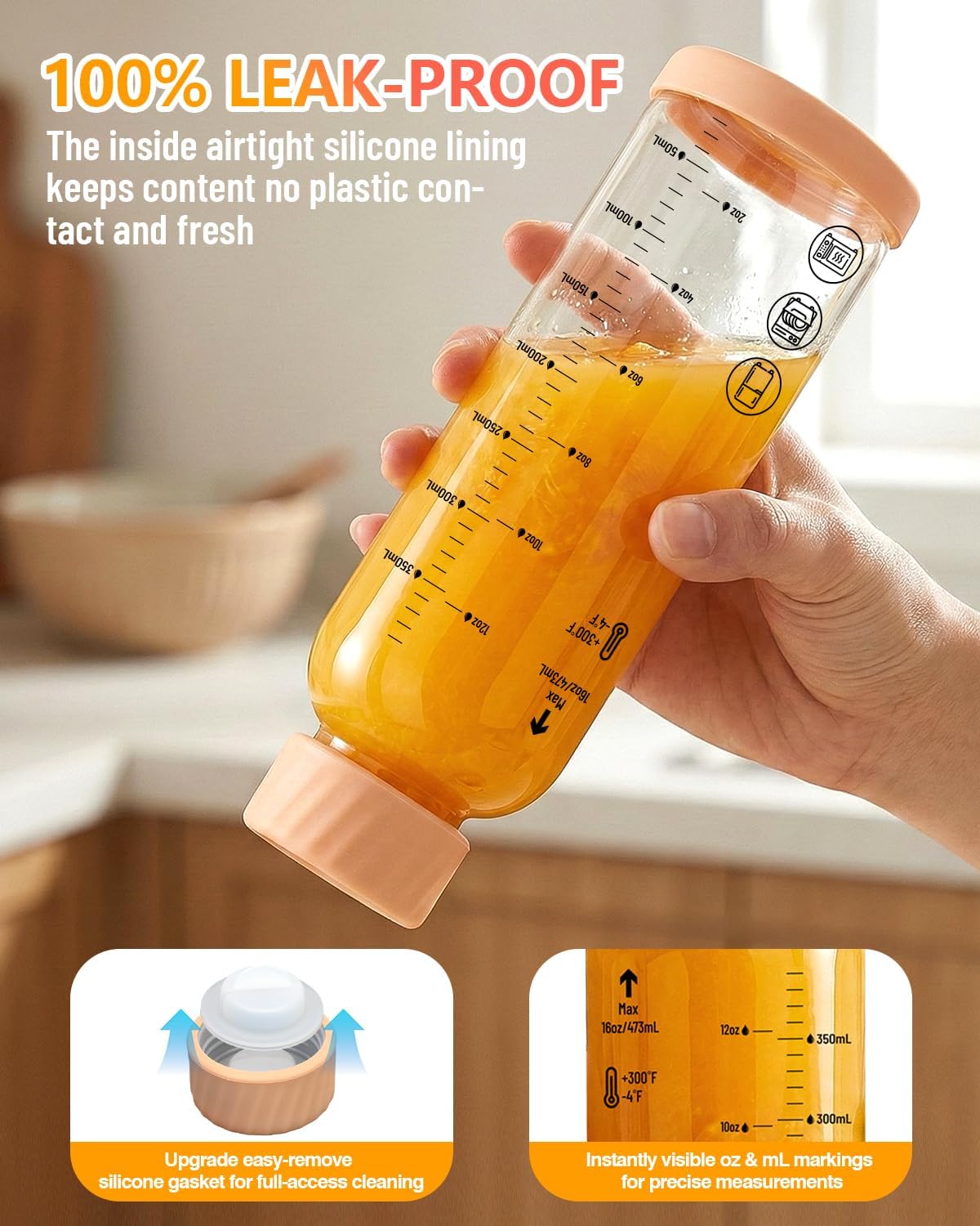 Zukro Glass Water Bottles with Colored lids 16 oz - 4 Pack Heat-resistant Borosilicate Juice Bottles with Stainless Steel Cap for Juicing, Protein, Milk, Smoothies - Airtight Leak proof, BPA Free - Image 2