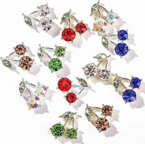 36 piezas de diamantes de imitación de uñas brillantes de cerezo, 3D dorado y plateado, dijes de uñas de cereza, bonitos dijes de uñas para mujeres