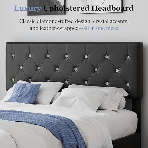 Miniatura 48 de VECELO Base de cama de tamaño individual, plataforma tapizada con cabecera ajustable de diamante, soporte de listones de madera, no necesita somier,