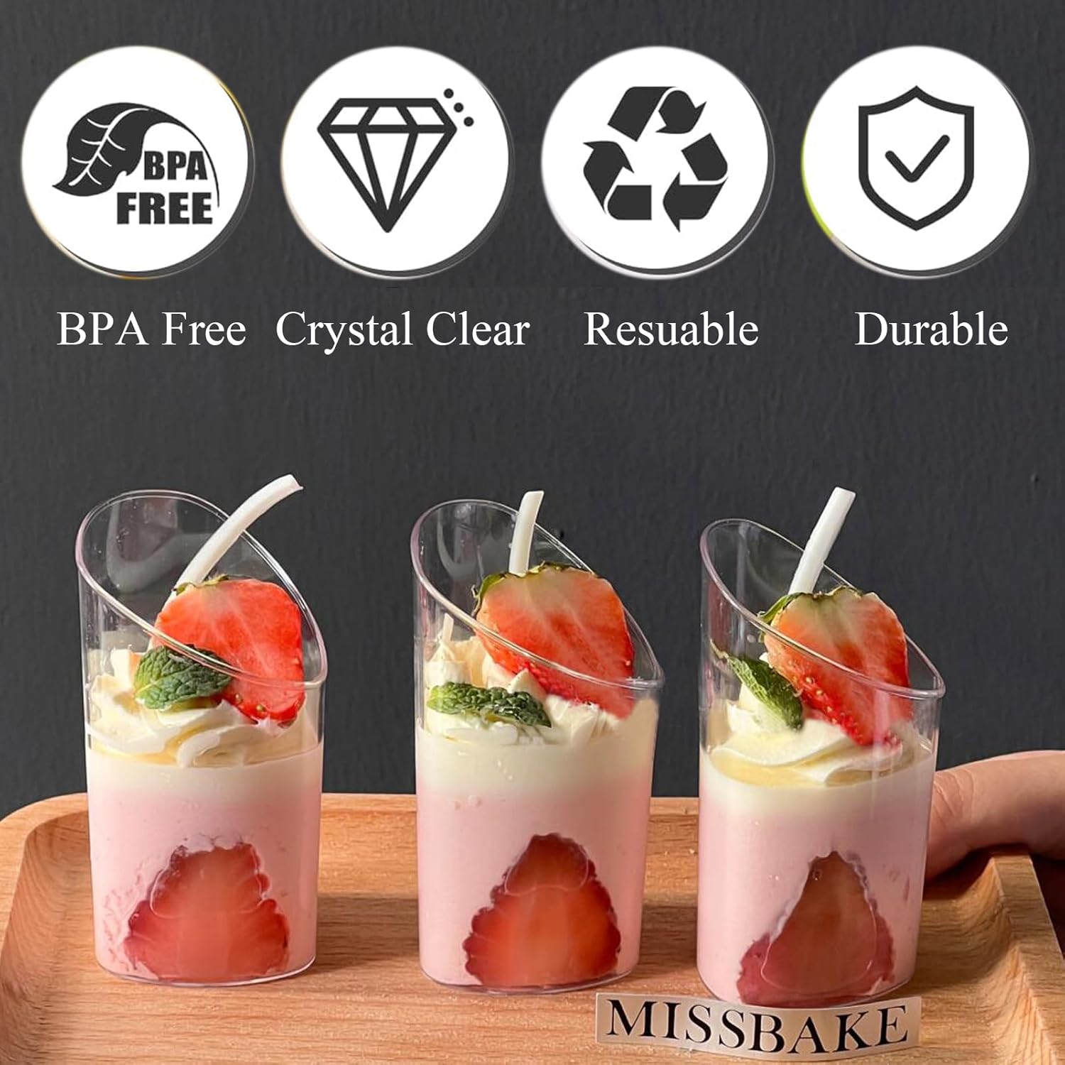 50 Pack Plastic Dessert Cups with Spoons, 3 oz Clear Mini Parfait Appetizer Cups, Reusable Slanted Triangle Shooter Serving bowls for Tasting, Small Dessert Shot Glasses - Image 4