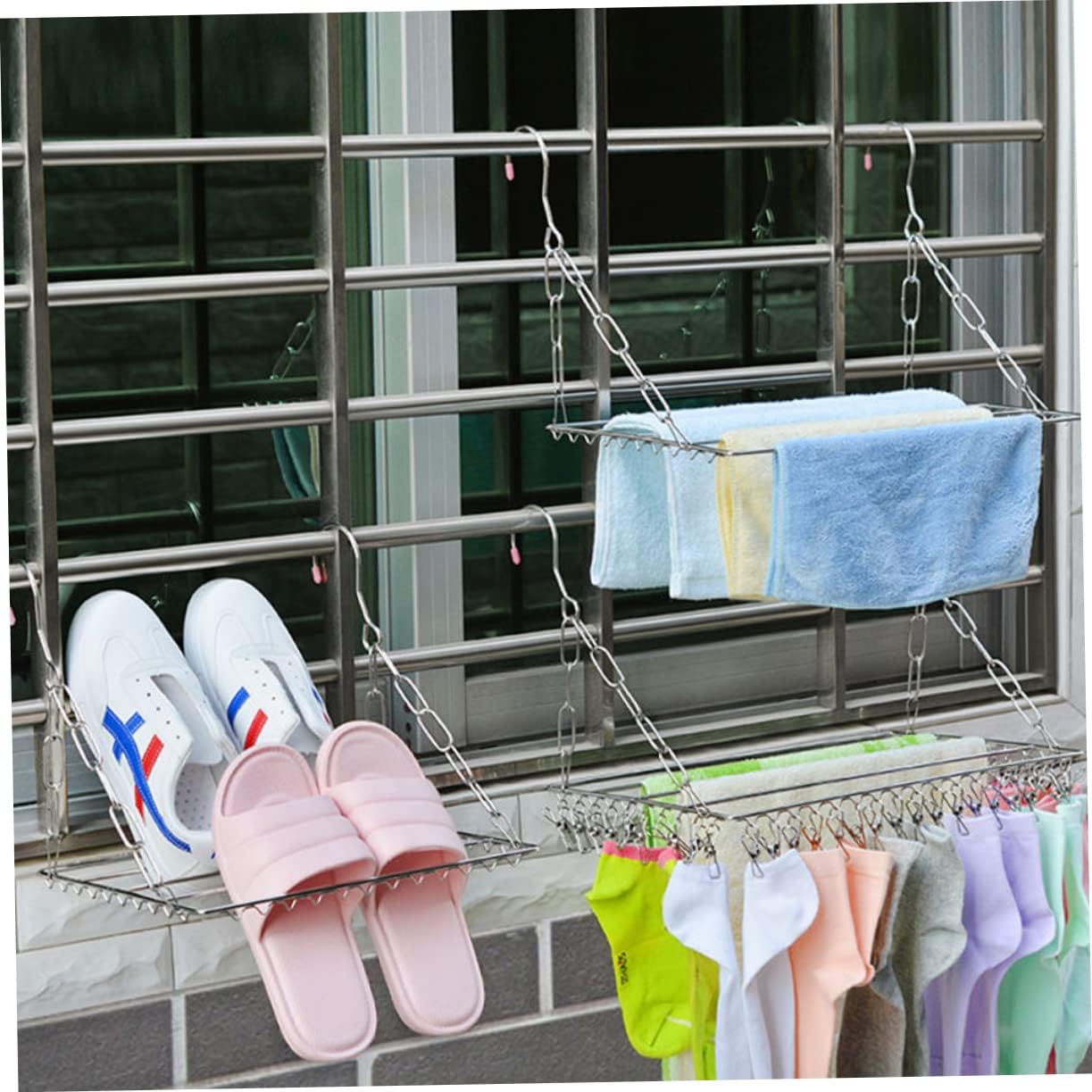 Multifunctional Adjustable Balcony Clothes Drying Rack with Clips Windproof Stainless Steel Hanger for Socks and Laundry Space Saving Design for Indoor and Outdoor Use
