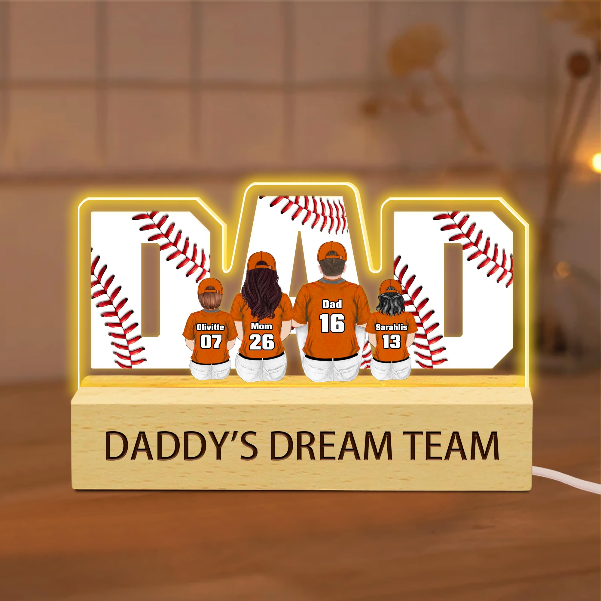 Daddy's Dream Team Personalized Baseball Acrylic Led Night Light, Custom Baseball Dad Acrylic Plaque Light with Family Names, Father's Day Birthday Decor Gifts for Papa Dad Husband (Style 03)