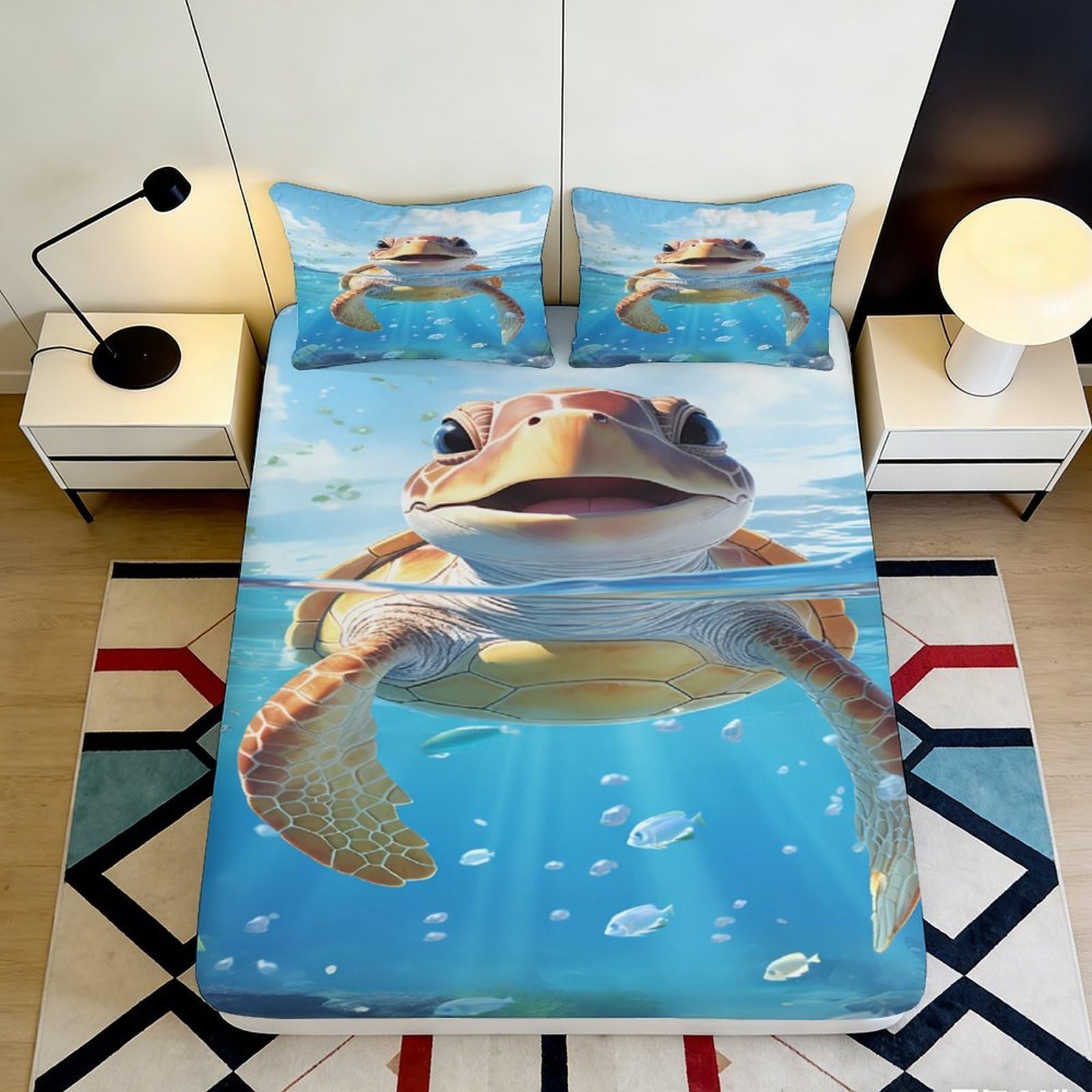 Pnayamiorkfel Style-10 3D Printed Sea Turtle Ocean Fitted Sheet Microfiber Soft Breathable Underwater Fish Mattress Cover For Bedroom Guest Room Decor 90X200x25cm