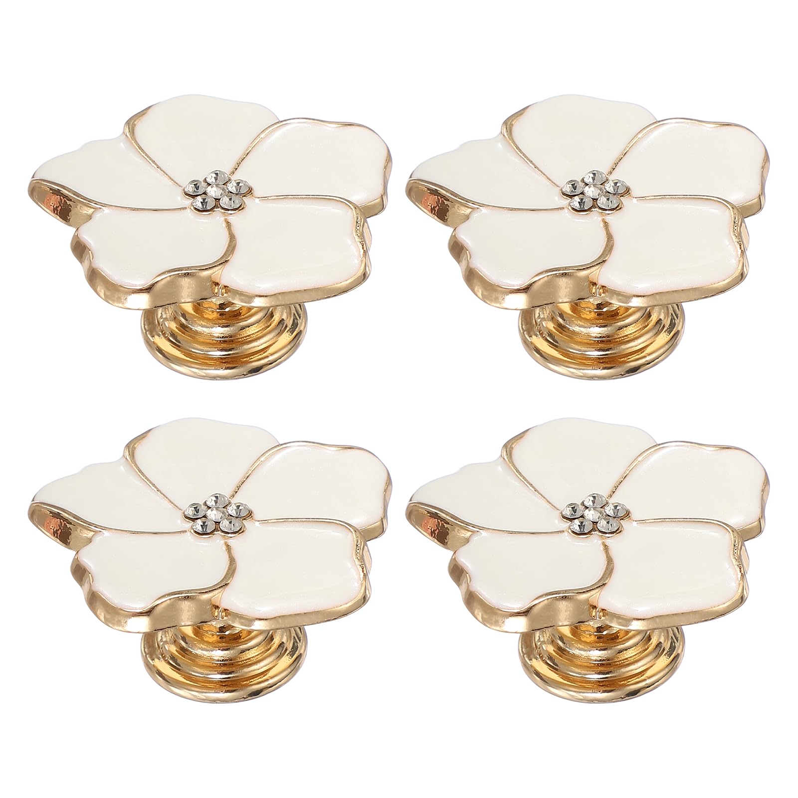 sourcing map 4 Pcs Flower Knobs, Metal Cabinet Drawer Knob Rhinestones Flower Petal Handles Dresser Knobs for Cupboard Cabinet Closet Door Pulls Decorative Furniture, White/Gold