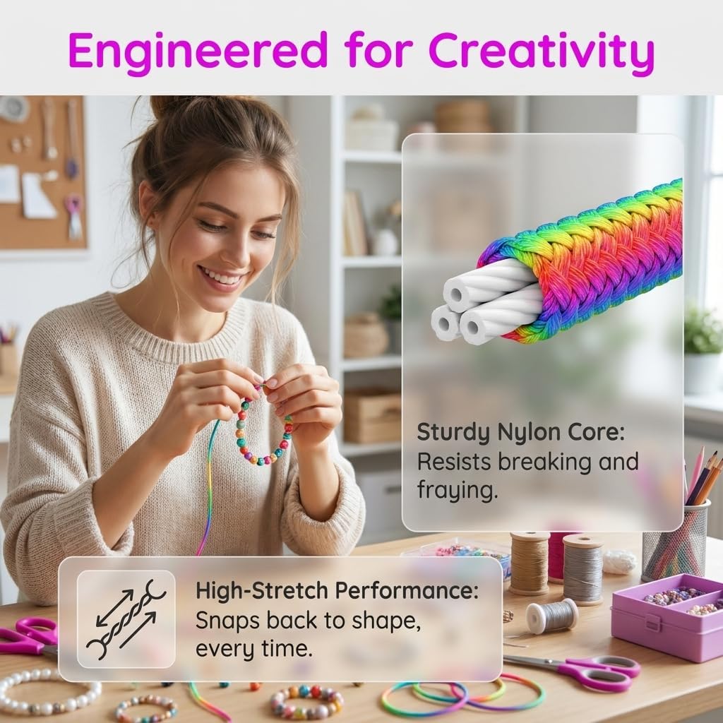 1 Roll Elastic Bracelet String, Sturdy Stretchy Beading Cord and Premium Craft String for Jewelry Making, Durable Bead Cord for Necklaces and DIY Projects,(Rainbow)