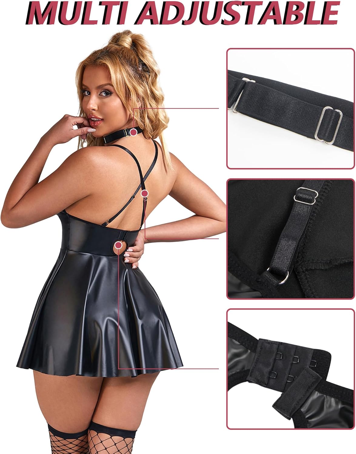 comeondear Plus Size Lingerie Set for Women PU Leather Lingerie Babydoll Backless Clubwear Chemise Mini Lingerie Dress - Image 7