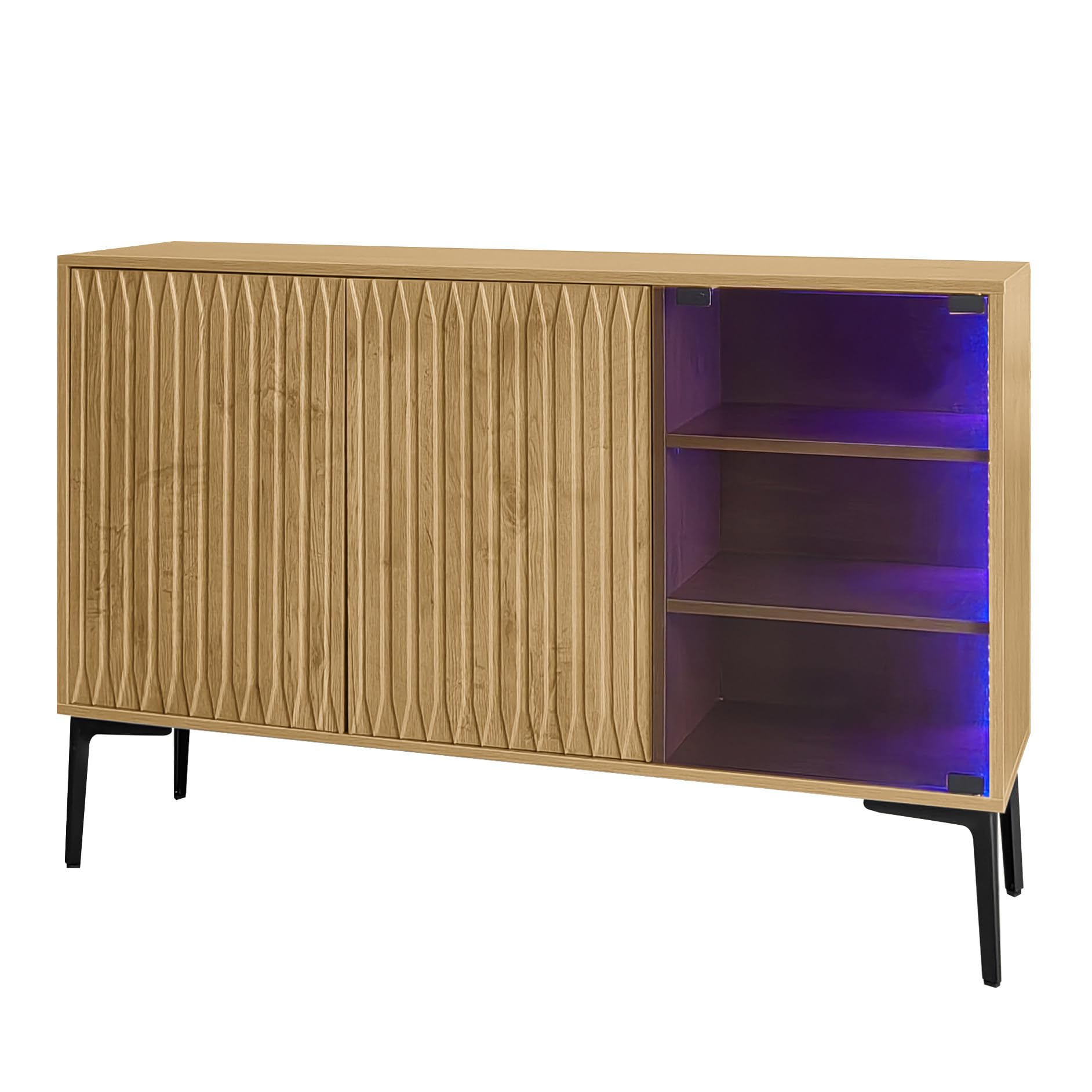 Aparador con Tira de Luz LED, Elegante Vitrina Retro con Puertas de Vidrio Transparente Curry, Aparador Estilo Campestre, Mueble de Cocina Comedor, 120 x 35 x 57 cm, Mueble de Salón