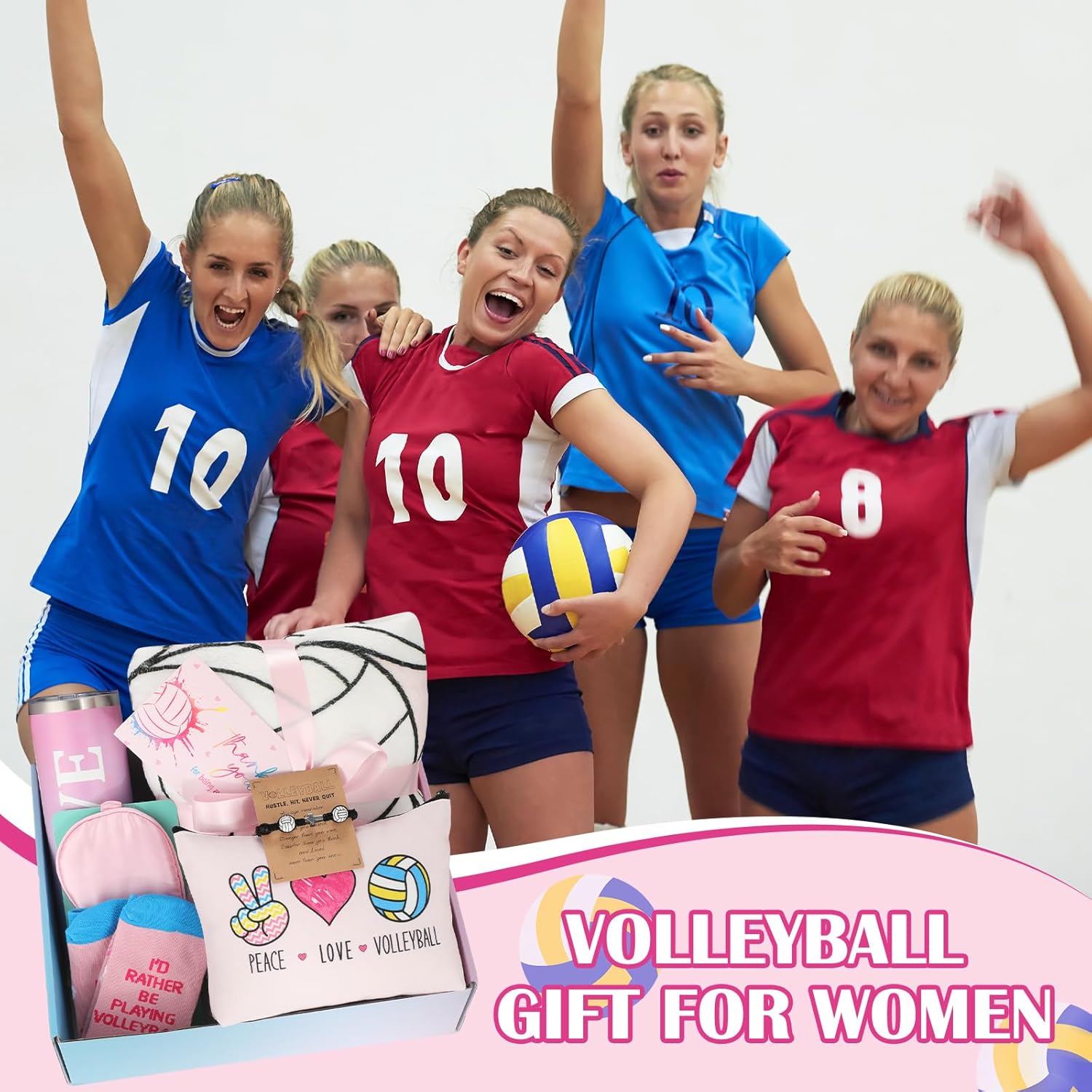 Geiserailie 8 Pcs Volleyball Gifts Set for Women Teen Girls 50 x 60'' Flannel Blanket Makeup Bags Crew Socks 20 Oz Stainless Steel Tumbler for Volleyball Lovers Coach Team Players Athletes