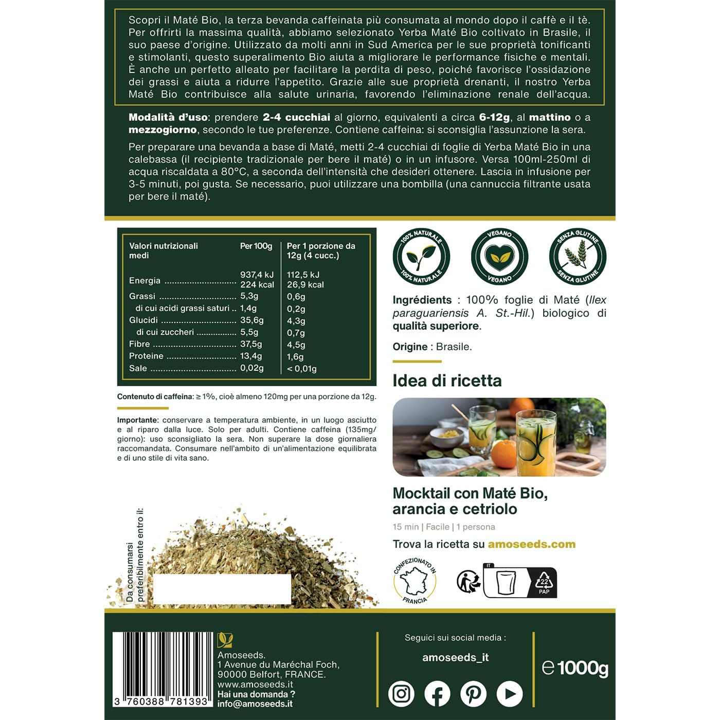 Yerba Maté BIO 1KG | Maté verde non affumicato | 100% foglie, senza steli | Energia, alternativa al caffè | Qualità superiore