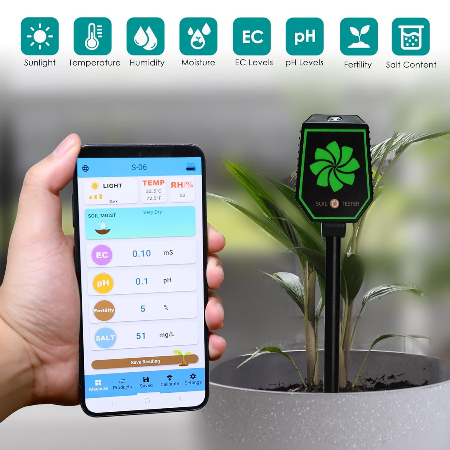 8-in-1 Soil Meter with Bluetooth, Measures pH, EC, Salt, Fertility, Moisture, Temperature, Humidity & Light, App Control, Data Logging, Accurate Gardening & Farming Tool