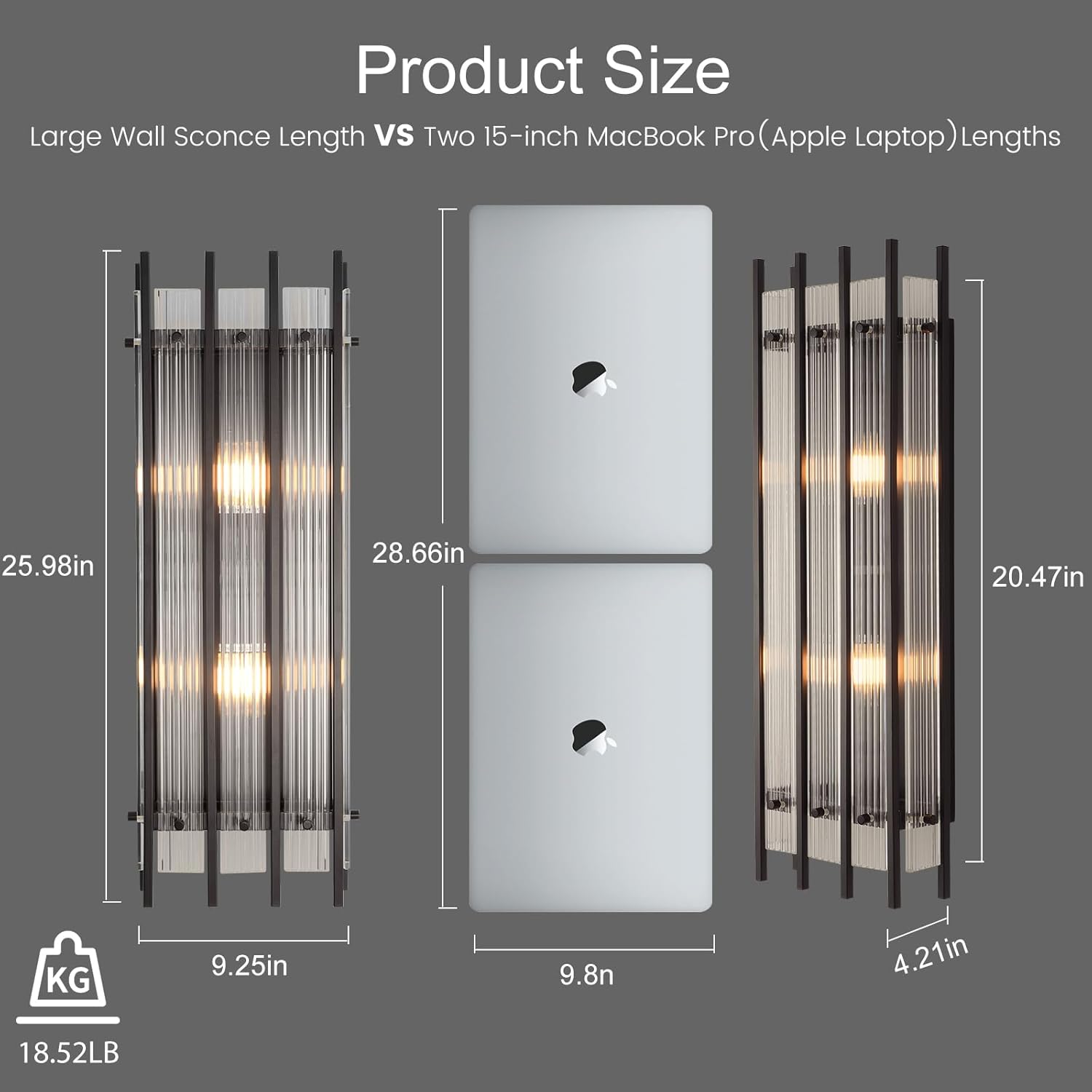 Modern Black Wall Sconce,25in Grand Rectangular Ribbed Glass Wall Sconces,Indoor Hardwired Wall Sconces for Large Spaces,for Living Room,Hallway,Stairway Sconces Wall Lighting,Included E12 Bulbs