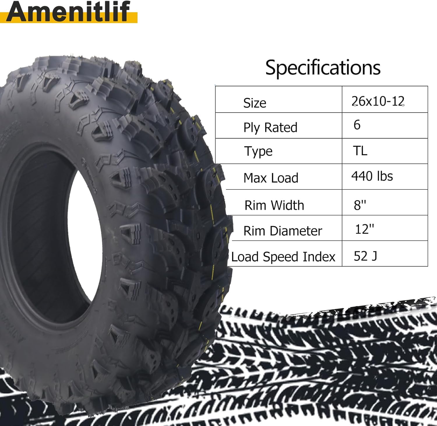 Set of 2 Amenitlif 26x10-12 All Terrain ATV UTV Tire 26x10x12 Tubeless Sport Tires 6-Ply Rated, Perfect for Sand, Mud, Snow, QD-168