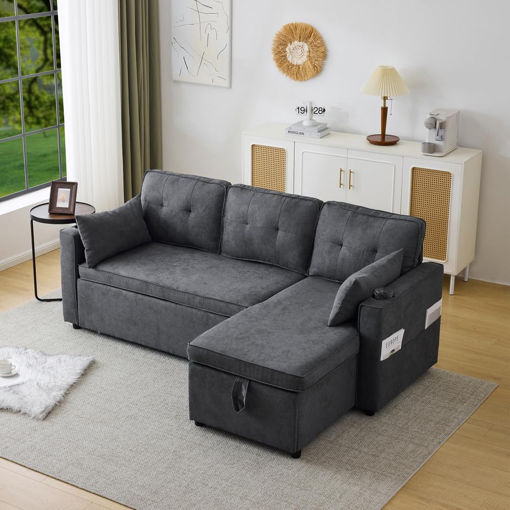 Sapgaks Sofá convertible de esquina, sofá cama con función de dormir, sofá de 3 plazas, muebles acolchados, silla larga con espacio de almacenamiento, con soporte para bebidas (gris + algodón + 3