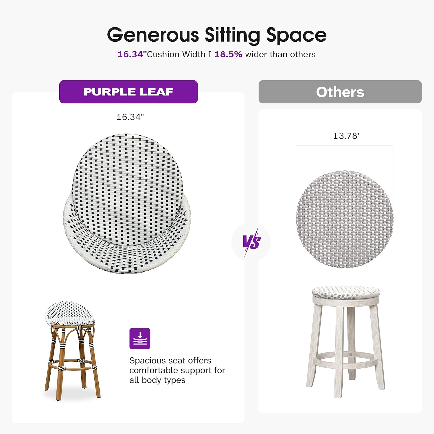 PURPLE LEAF Patio Oversized Backrest Bar Height Stool Set of 1 Outdoor Round Barstools Aluminum Frame in Bamboo Finish Woven Rattan for Indoor Kitchen Dining Bistros Cafe Restaurant White