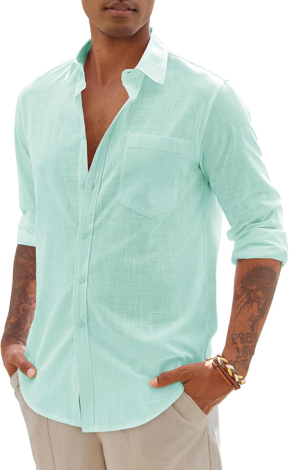 DEMEANOR Mens Linen Shirt Long Sleeve Casual Cotton Solid Regular Fit Wedding Summer Beach Button Down Shirt - Image 2