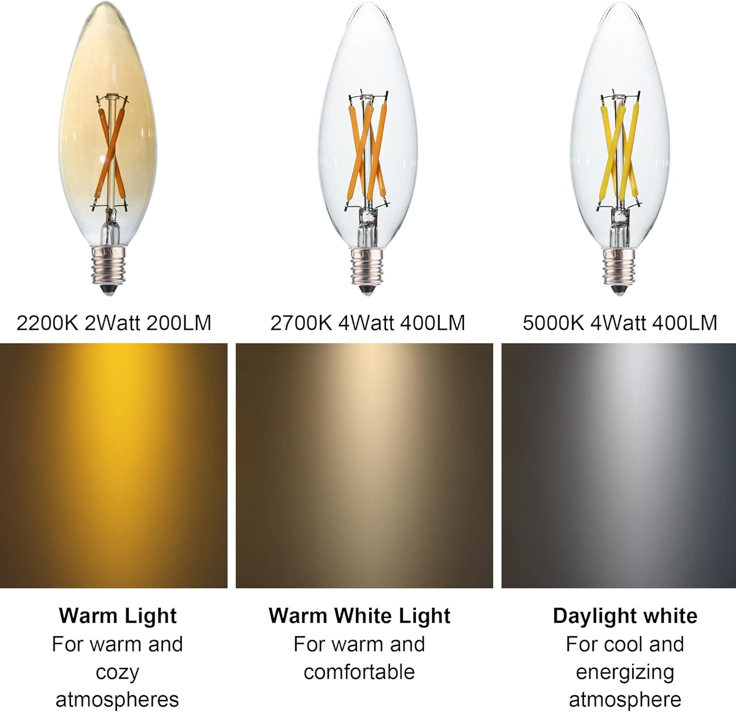 6 Pack C32 B10 B11 E12 Candelabra LED Candle Light, 2W Suitable for 10W-15W-20W Soft Warm Light, Amber Glass Suitable for Chandeliers, wall sconces Fan Lights.