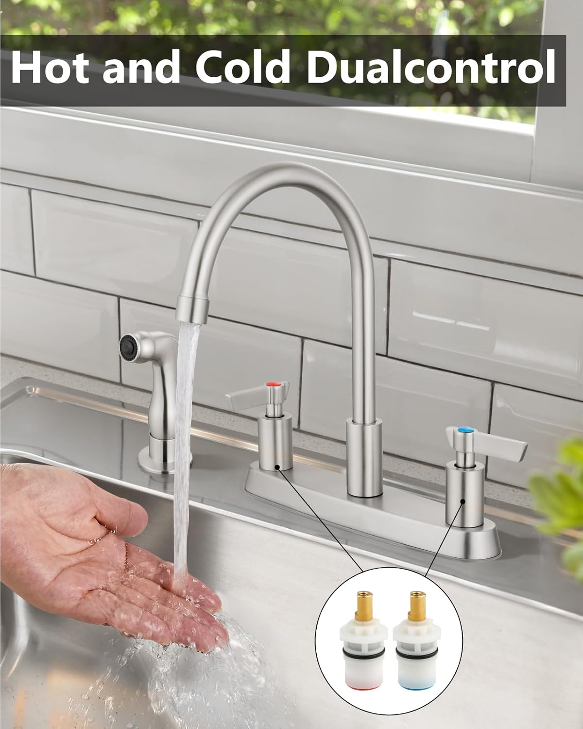 Kitchen Faucet with Sprayer 2 Handle Kitchen Sink Faucets 8 Inch Centerset 3 Hole with Supply Lines Brushed Nickel