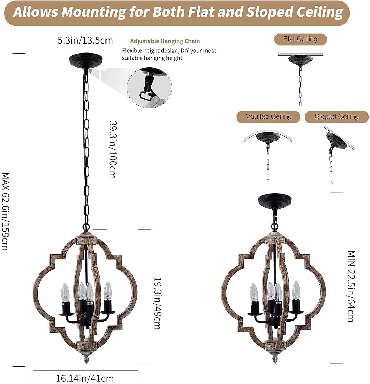 16.14" 4-Light Farmhouse Wood Chandelier, Rustic Orb Pendant Lighting Fixture with Adjustable Chain, Vintage Ceiling Hanging Lights for Foyer Entryway Dining Room Kitchen Island, Handmade Oak Finish