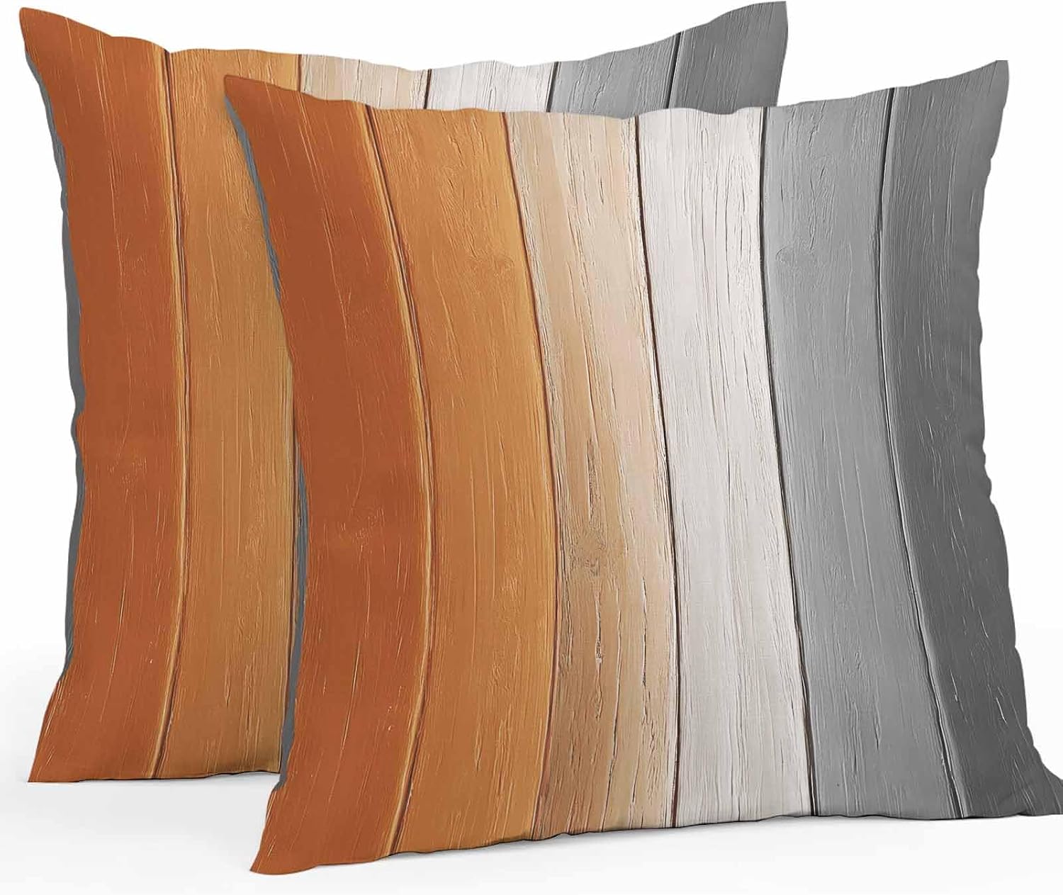 Throw Pillow Covers 18x18 Inch Set of 2, Burnt Orange Gray Ombre Waterproof Outdoor Cushion Covers, Vintage Farmhouse Wooden Decorative Pillowcases for Couch, Sofa, Bed, Garden, Patio