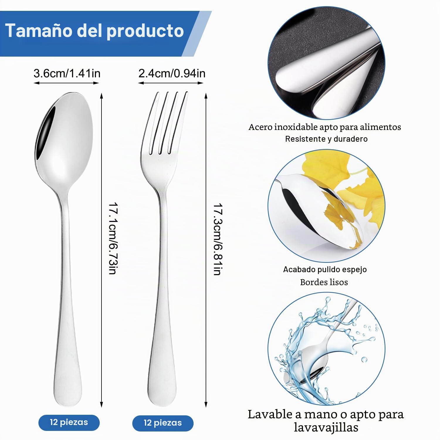 24 Piezas Tenedores y Cucharas 17cm, 12 Tenedores de Postre y 12 Tenedores de Acero Inoxidable, Cucharas de Café y Tenedores con Espejo Pulido, Aptos para Lavavajillas, para Casa, Fiesta, Cafetería