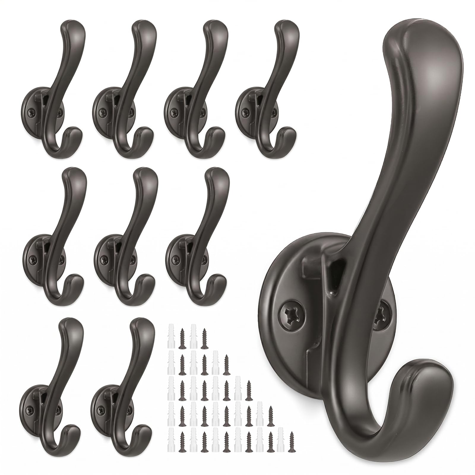 Dntorx 10 Pack Towel Hooks, Grey Heavy Duty Coat Hooks Wall Mounted Metal Double Hook Bathroom Wall Hooks for Hanging Coats Towel Robe Clothes