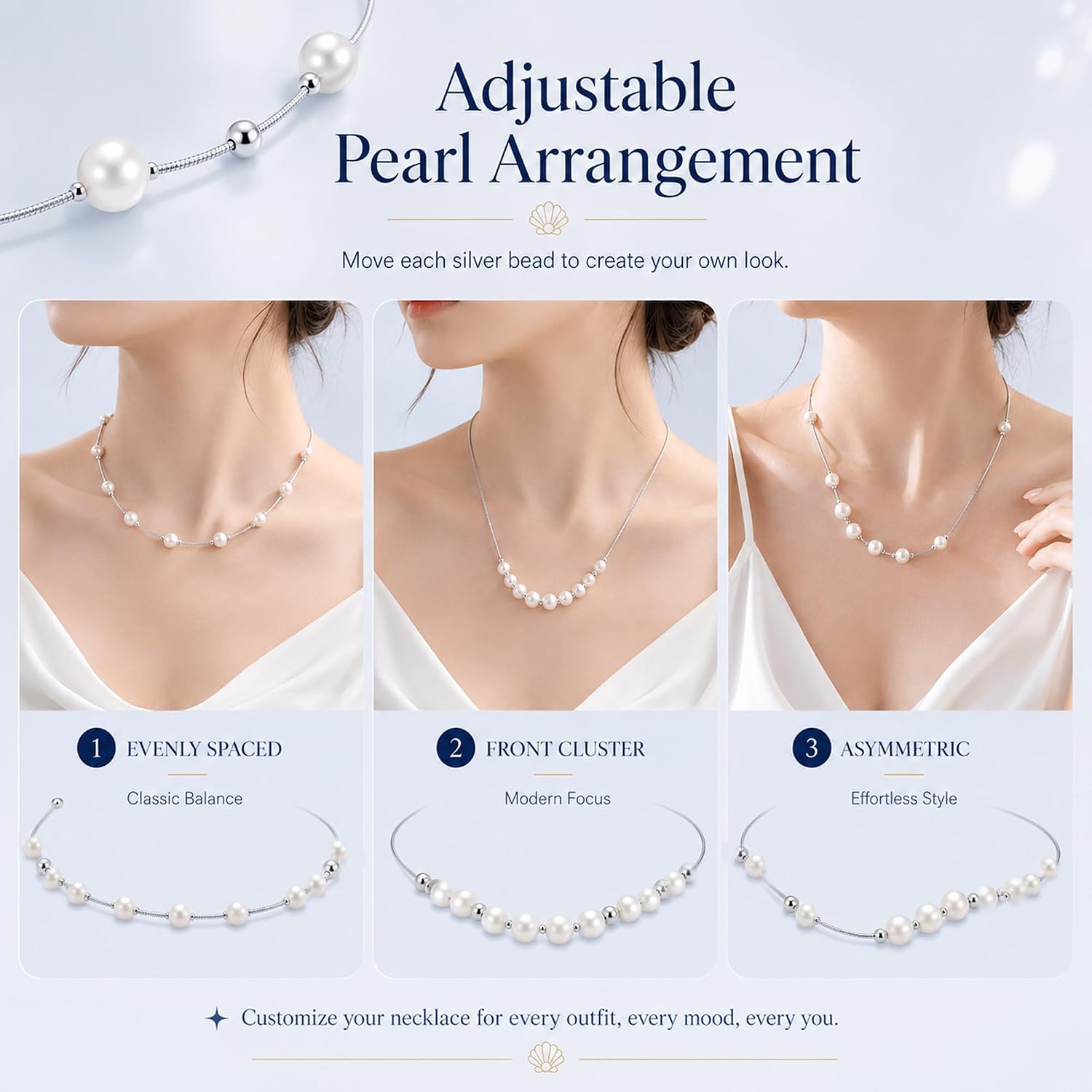 Adjustable Freshwater Pearl Necklace for Women, 925 Sterling Silver Snake Chain, 9 Movable Natural Pearls, Customizable Arrangement Choker Necklace, Elegant Gift for Her