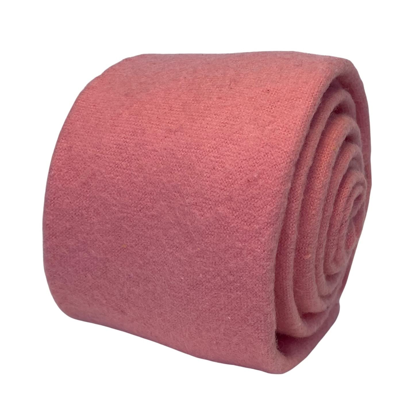 Frederick Thomas Designer Wool Mens Tie - Coral Pink Orange Plain Skinny Wedding
