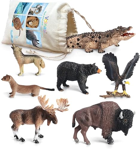 Volnau Figuras de animales de safari, 7 unidades, figuras de América del Norte, paquete de zoológico para niños pequeños, decoración de Navidad,