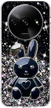 Miagon Rabbit Glitter Stand Case for Xiaomi Redmi A3,Bling Transparent Soft TPU Protective Slim Shockproof Cover with Heart Bunny Holder Kickstand
