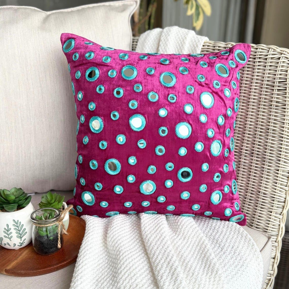 The HomeCentric Chair Cushion Cover, Decorative Fuchsia Pink 16"x16" (40x40 cm) Pillow Covers, Velvet Mirror Embroidery Throw Pillow Covers, Circles & Dots Pattern Contemporary - Mirror Lover