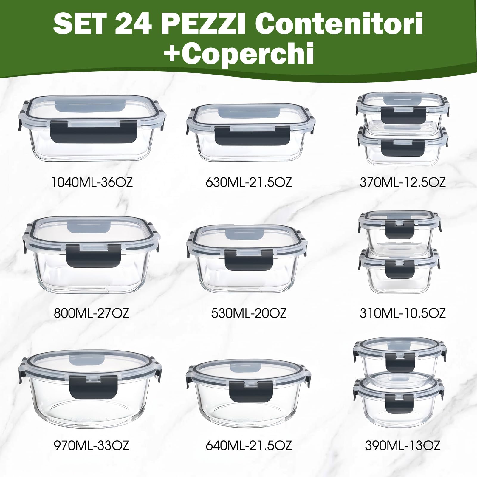YASHE Set 12 Contenitori Vetro per Alimenti con Coperchi Ermetici, Senza BPA, Adatti a Microonde, Forno, Frigo e Congelatore, per Meal Prep, Nero
