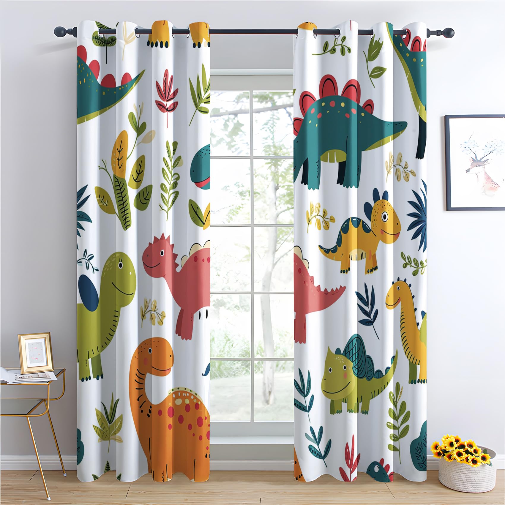 2er Set Dino Vorhänge 170x200 Cm - Verdunkelungsvorhang Kinderzimmer Mit Dinosaurier Motiven