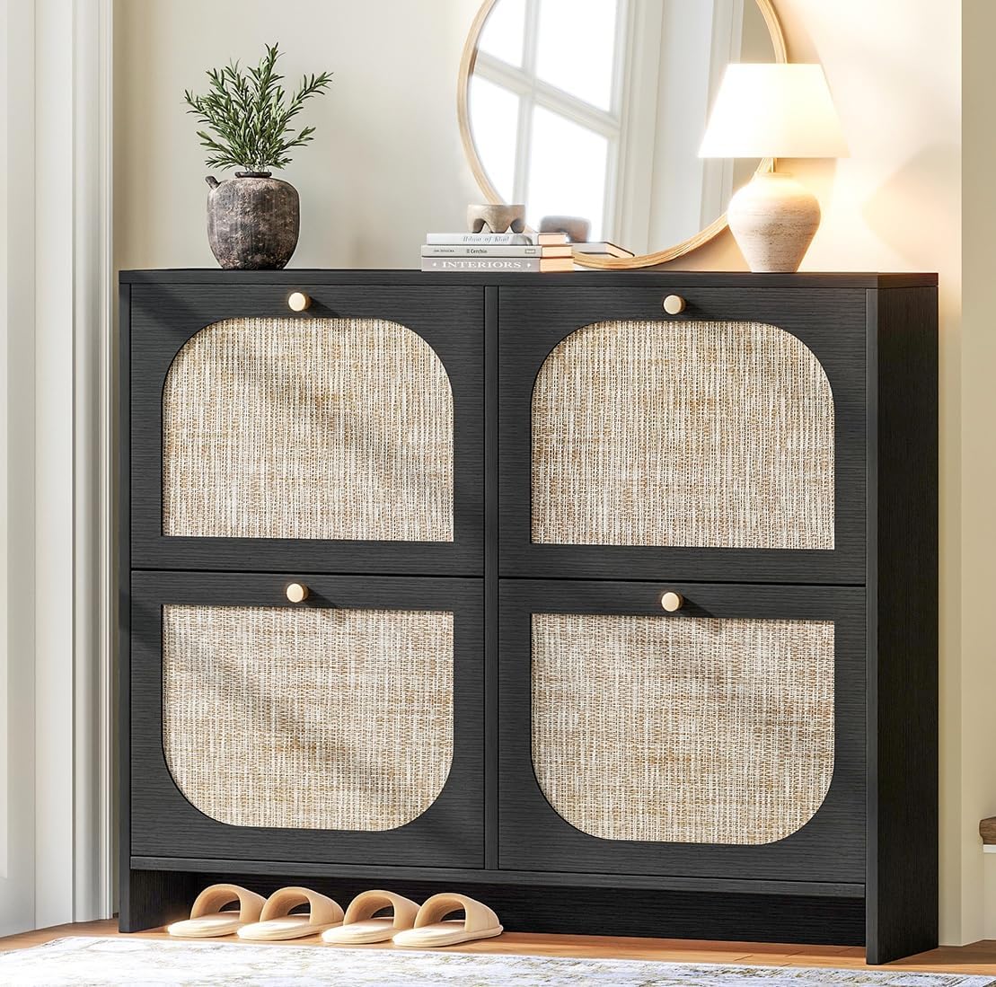 Nicetree Ultra Slim Arched Rattan Shoe Cabinet - 4 Flip Drawers, 3-Tier Adjustable Shelves, Entryway Organizer Black