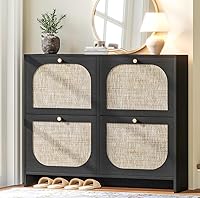 Nicetree Ultra Slim Arched Rattan Shoe Cabinet - 4 Flip Drawers, 3-Tier Adjustable Shelves, Entryway Organizer Black