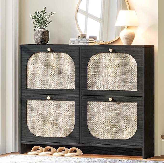 Nicetree Freestanding Arched Rattan Accent Ultra Slim Shoe Cabinet for Entryway - 4 Flip Drawers & 3-Tier Adjustable Shelves, Farmhouse Modern Rustic Shoe Rack for Hallway Foyer Living Room,Black