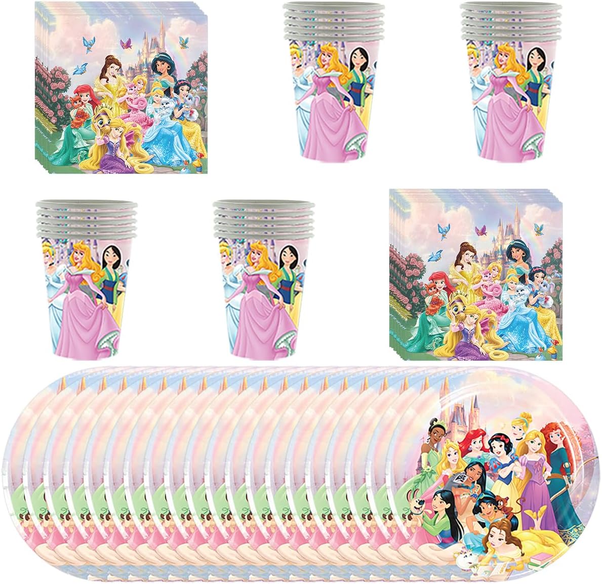 60 PCS Princess Tableware Sets Includes 20 PCS Paper Plates 20 PCS Napkins 20PCS Cups for Party Decorations