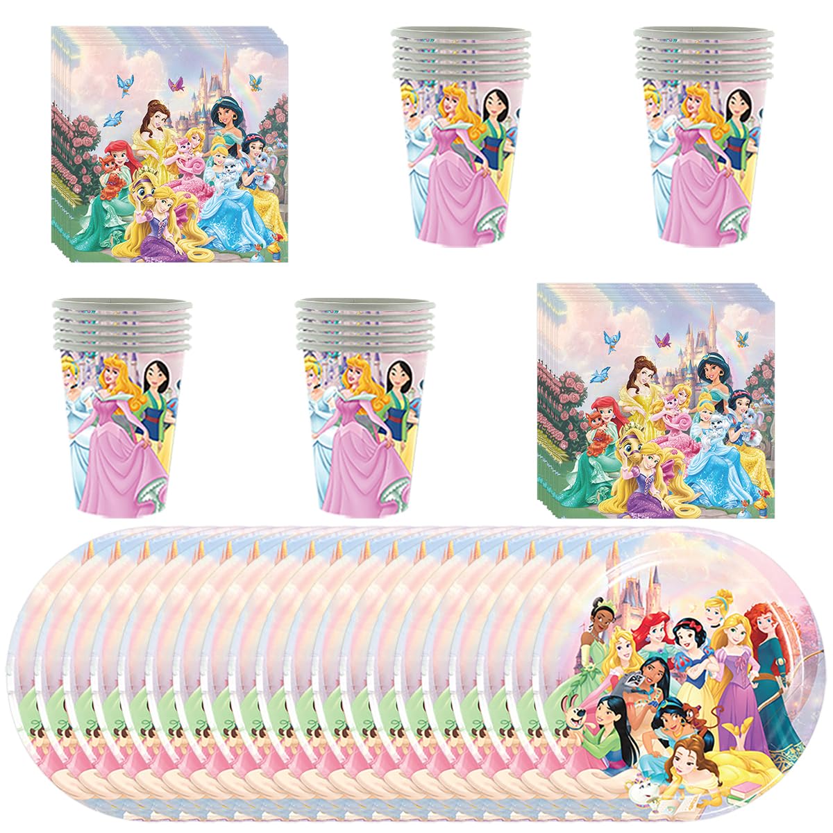 60 PCS Princess Tableware Sets Includes 20 PCS Paper Plates 20 PCS Napkins 20PCS Cups for Party Decorations