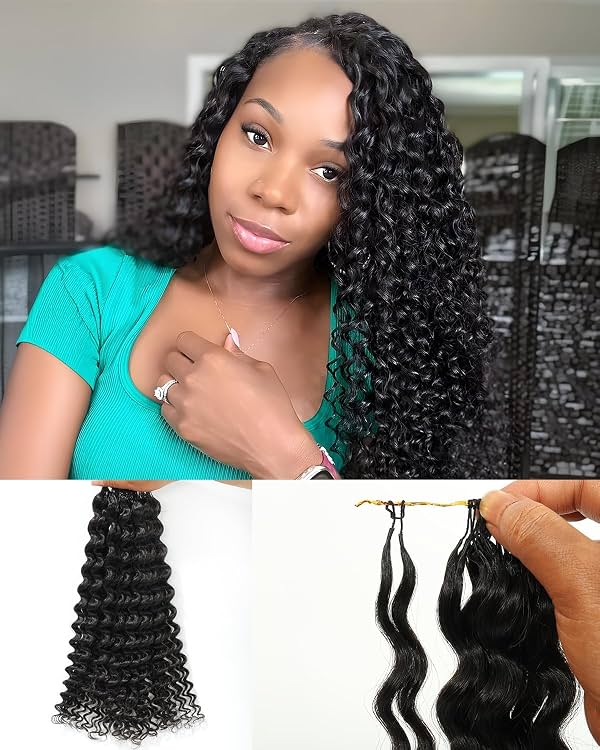Cabello Humano Crochet Deep Wave 20 Pulgadas, #1B Negro Natural | 4 PIEZAS 160g, Ondas Deep Definidas con Instalación de Hilo Invisible Pre-Looped