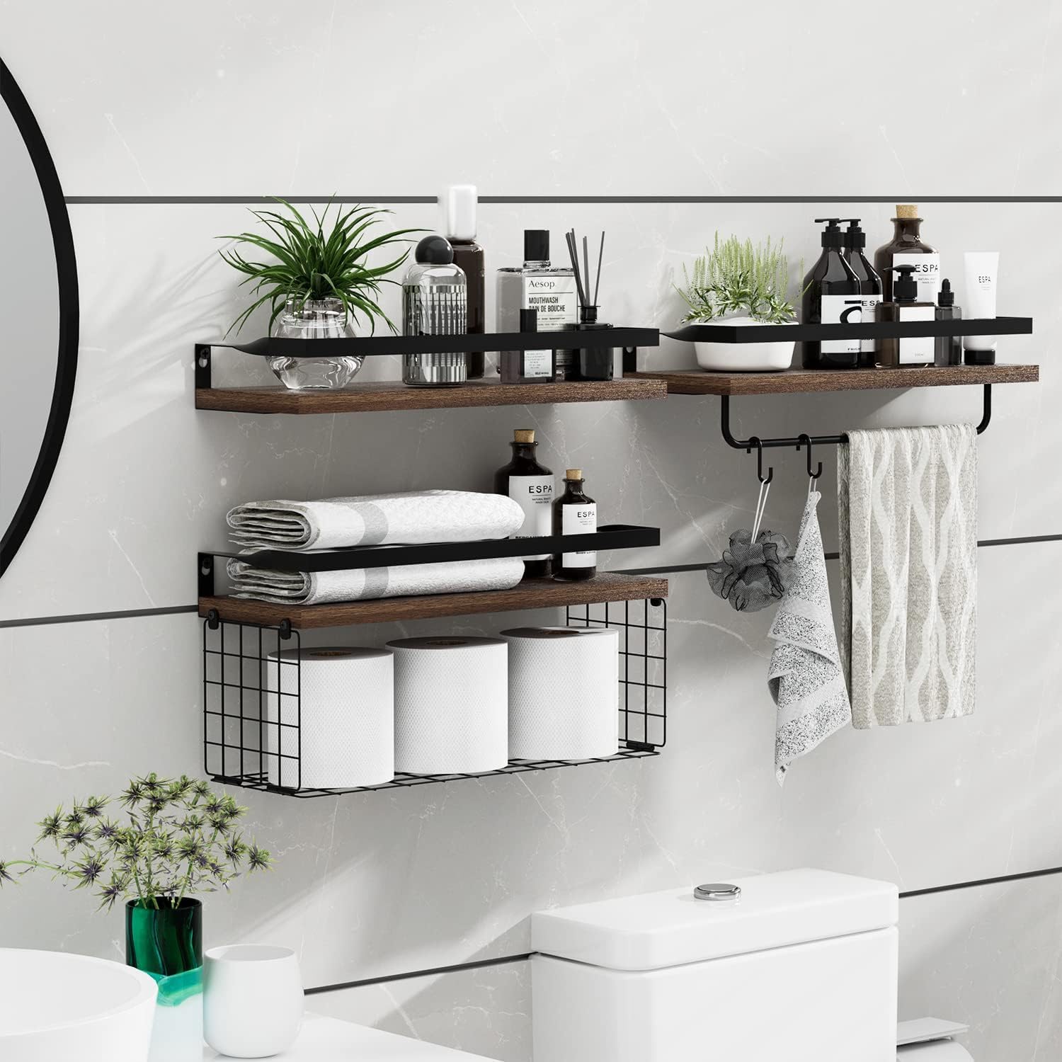 Set di 3 Mensole Sospese con Cestello Portaoggetti E Portasciugamani, Mensole Porta Carta sopra Il WC, Organizer per Mensole in Legno Rustico Montato A Parete per Bagno, Soggiorno, Cucina