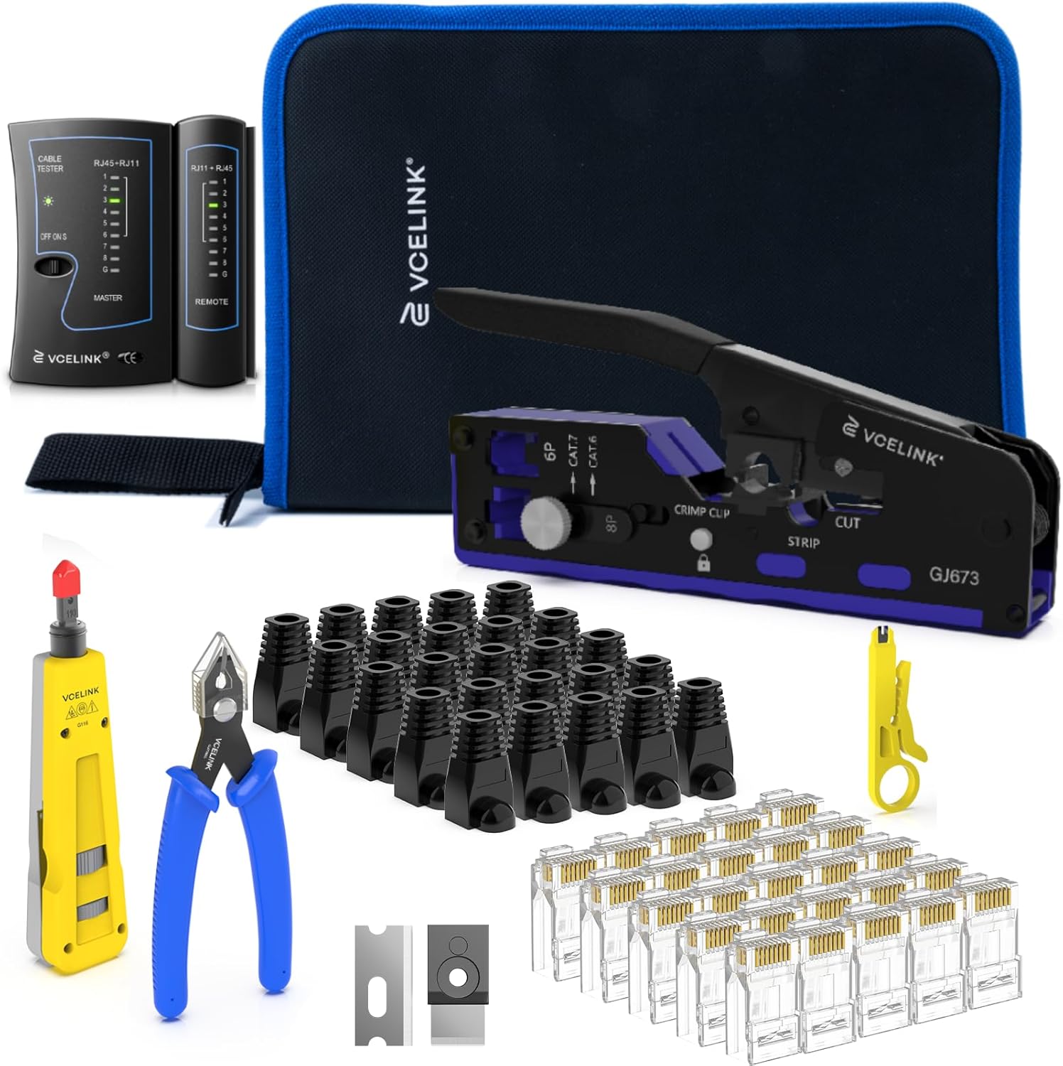 VCELINK RJ45 Crimp Tool Kit for CAT7/6A/6/5E/5, Upgraded Network Tool Set with an Ethernet Crimper, Cable Tester, 25 RJ45 Ends & Boots, Cable Tester, Wire Stripper and Keystone Puncher in a Cloth Bag