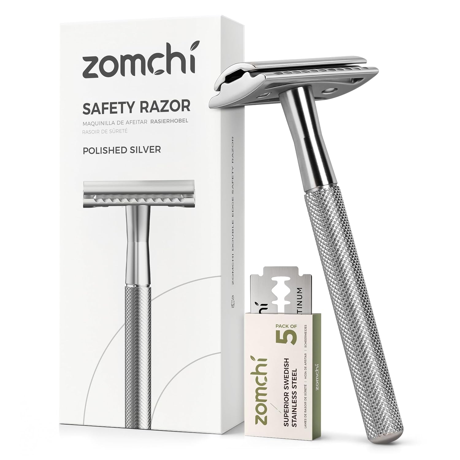 ZOMCHI Double Edge Safety Razor for Men & Women, Metal Razor with 5 Double Edge Safety Razor Blades, Single Blade Razor – Silver