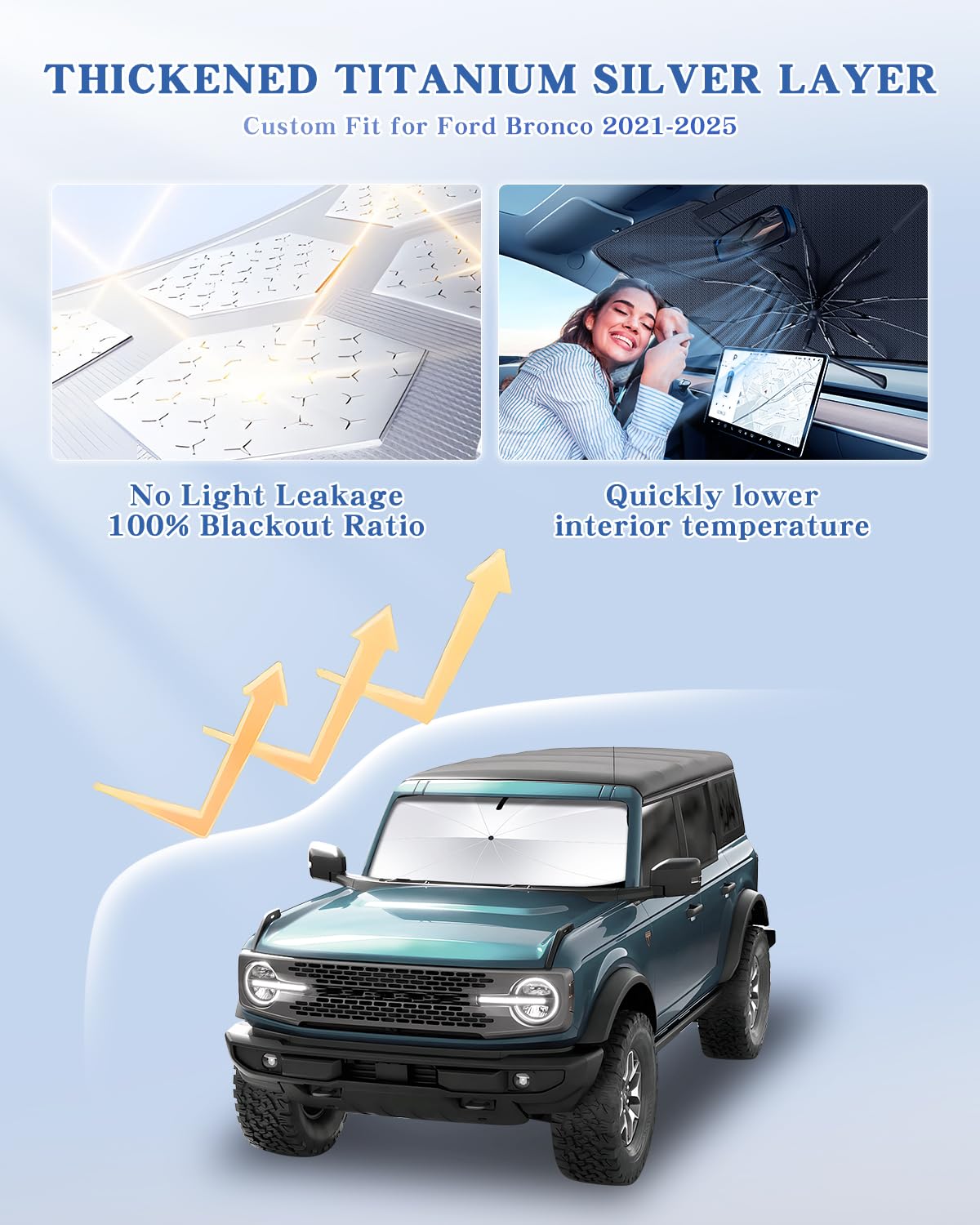 Frod Bronco Windshield Sunshade Umbrella For 2021-2024 Models - 100% Blackout, 6 Layer Titanium Silver UV Heat Protection - View #3
