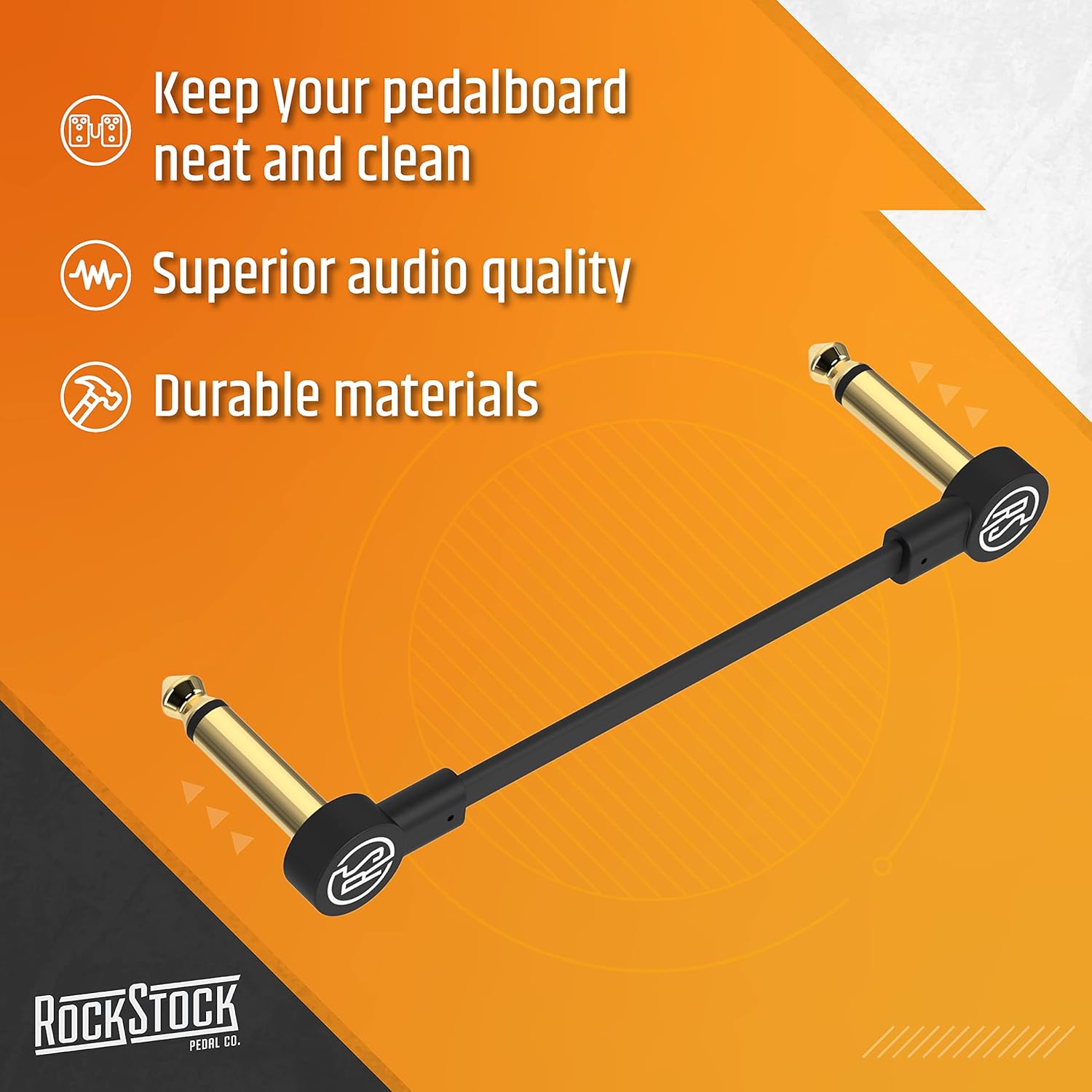 Rock Stock Guitar Flat Patch Cables (Pack of 3) - 12 Inch C-Shape Ultra-Thin Effect Guitar Pedal Patch Cables - Right-Angle, Black with Durable Gold Plated Connectors, Maximize Pedalboard Space
