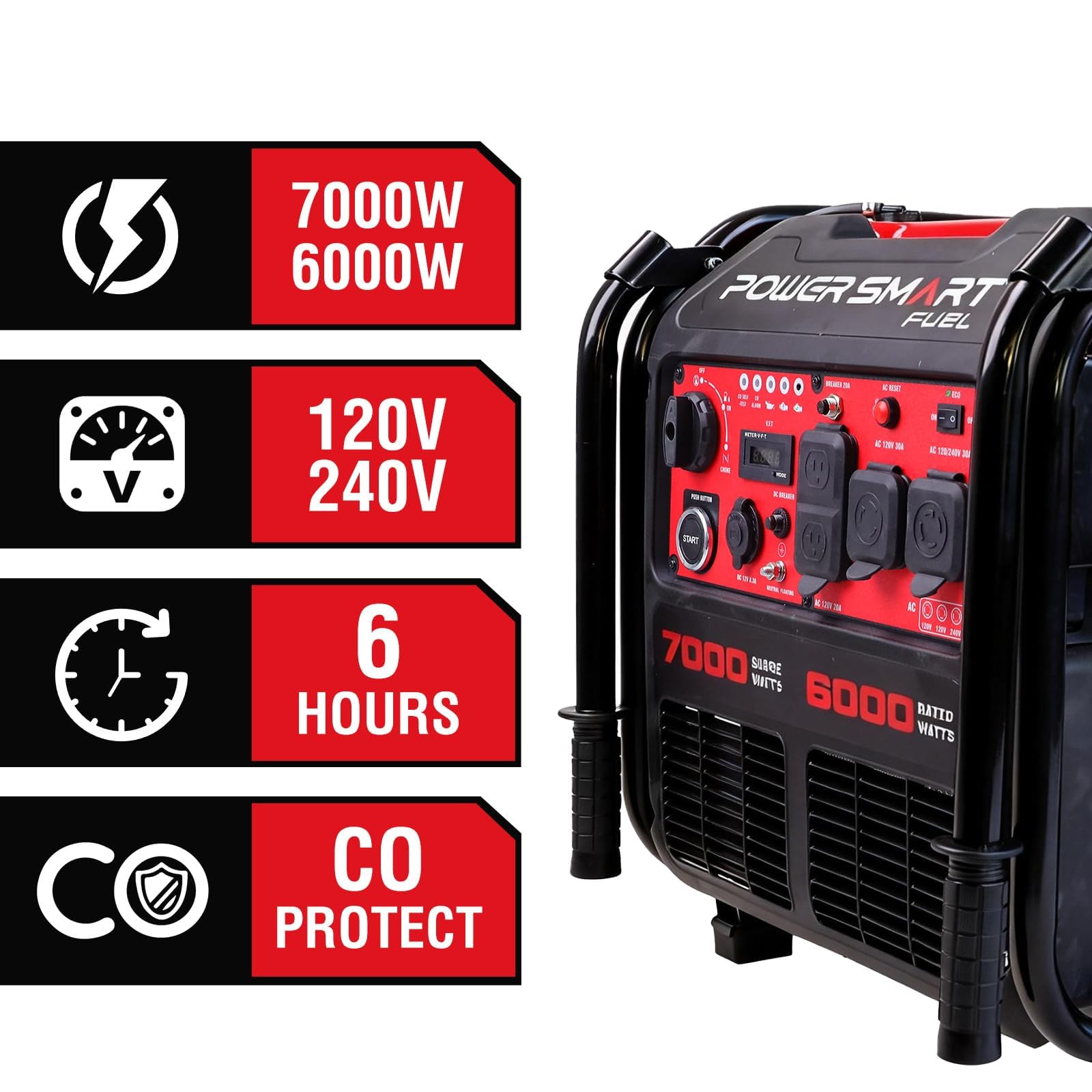 Generador de inversor de marco abierto de 7000 vatios, generador portátil de arranque eléctrico para el hogar backup y campista camping - gas alimentado, 120V/240V doble voltaje, energía limpia para