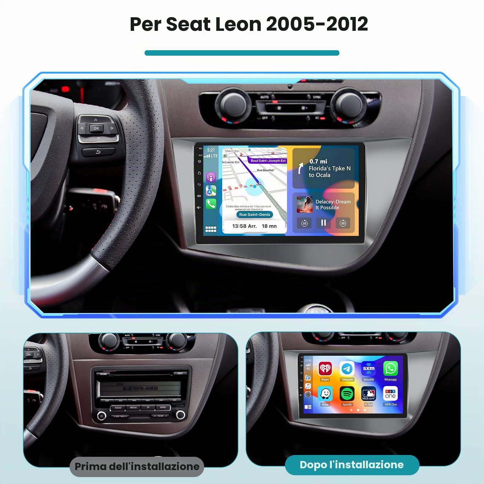 Roinvou 2+64G Schermo Radio per Seat Leon 2005-2012 Wireless CarPlay Android Auto, Android Autoradio 9 Pollici Stereo Auto Wi-Fi GPS Bluetooth EQ FM/RDS SWC Telecamera Posteriore