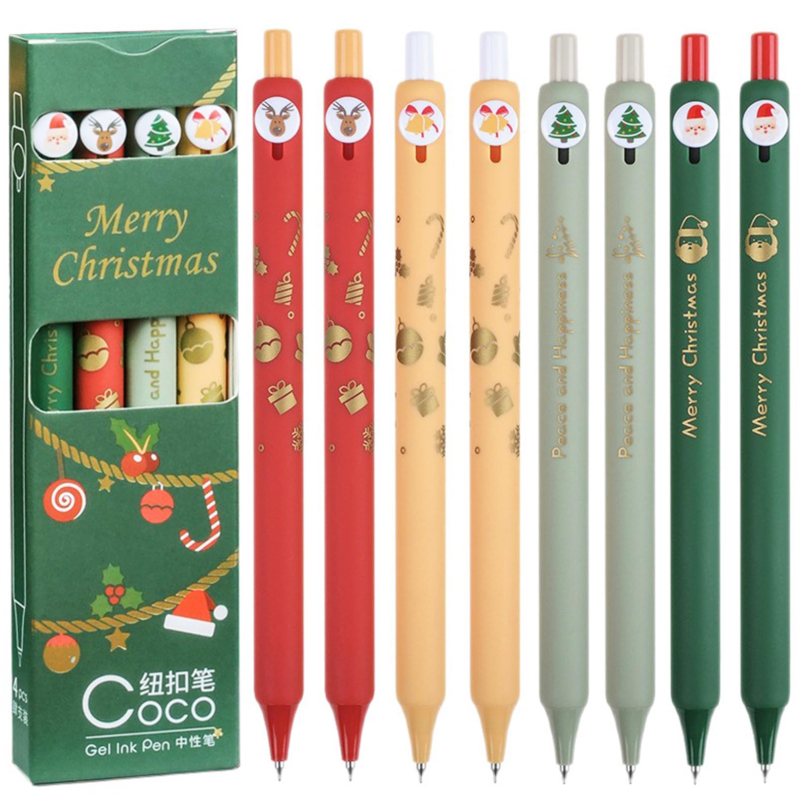 Maydahui 8 Pcs Christmas Button Pens Retractable Xmas Print Gel Pens Santa Claus Christmas Tree Reindeer Jingle Bell Pen for Stocking Stuffers