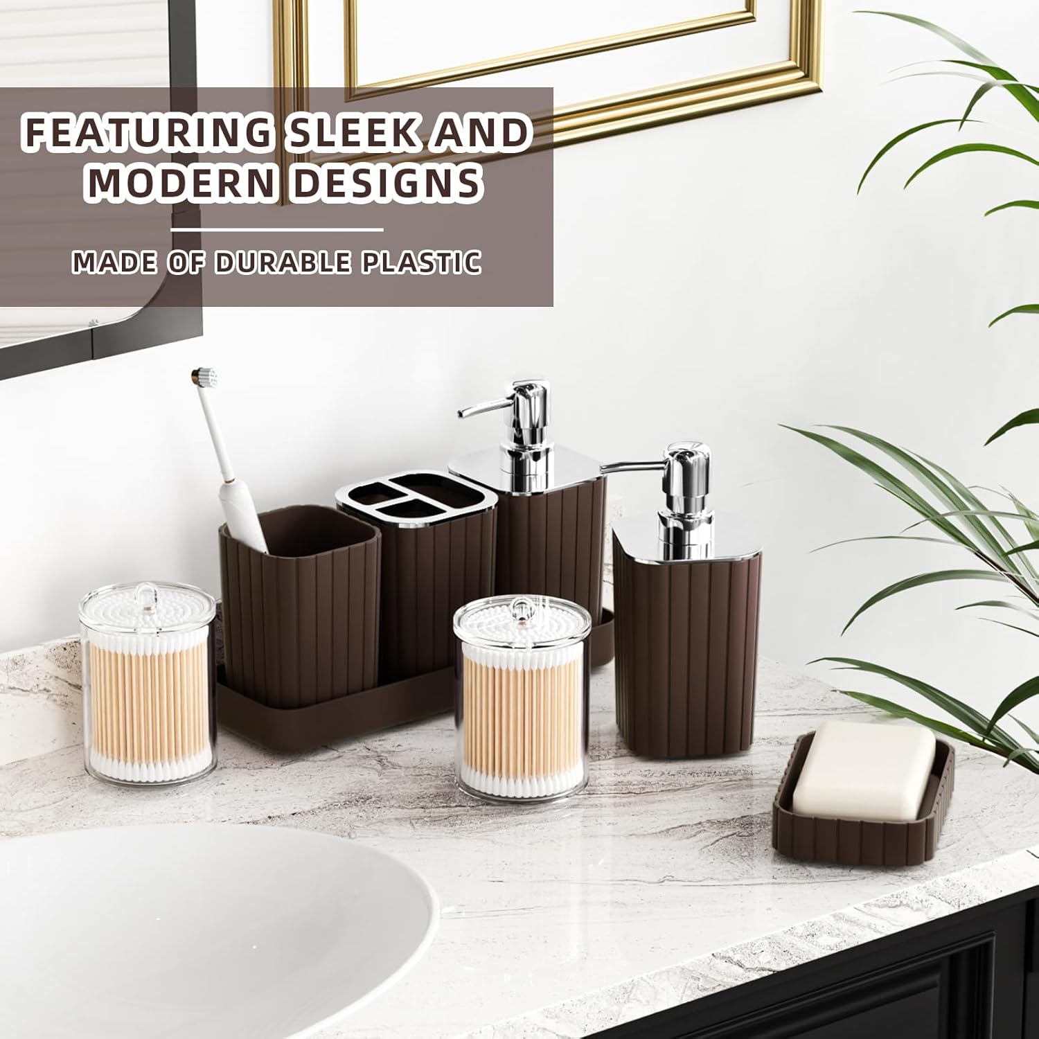 Bathroom Accessories Set - 25PC Brown Bathroom Sets with Shower Curtain and Rugs, Bathroom Accessory Set, Brown Shower Curtain Set, Trash Can, Qtip Holder Dispenser & Soap Dispenser