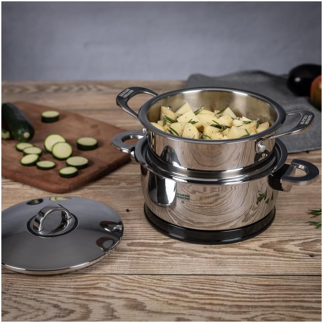 Kuhn Rikon Allround Stainless Steel Stackable 2-Tier 3.1L Casserole Steamer Set. 20cm Food Steamer with Vented Glass Lid. Induction and Oven Safe Cooking Steamer. Dishwasher Safe. Lifetime Guarantee