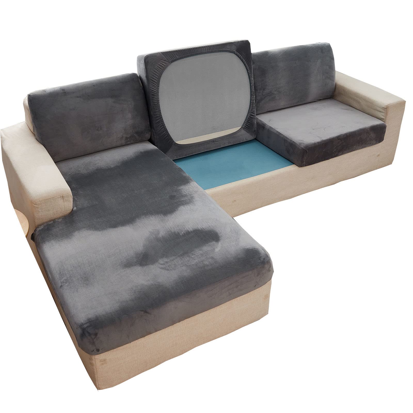 Velvet Seat Cushion Cover,Super Stretch Couch Seat Cover for 1 2 3 Cushion Couch Chaise Longue Backrest Furniture Protector Anti-Slip Soft L Shape Sofa Seat Cushion Cover-3 Seater(1pcs)-light grey