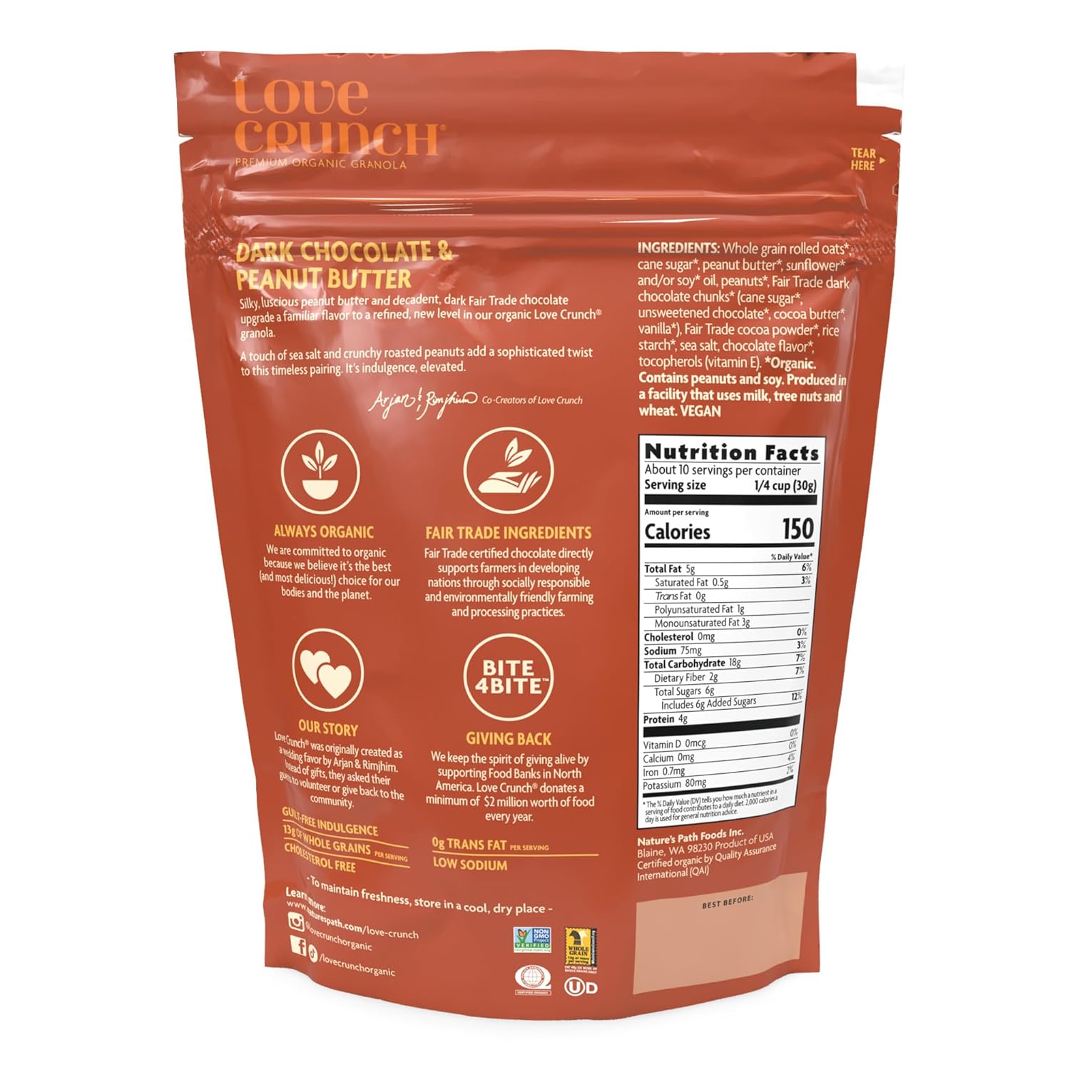 Love Crunch Organic Dark Chocolate & Peanut Butter Granola, 11.5 oz (Pack of 6), Non-GMO, Fair Trade, by Nature's Path